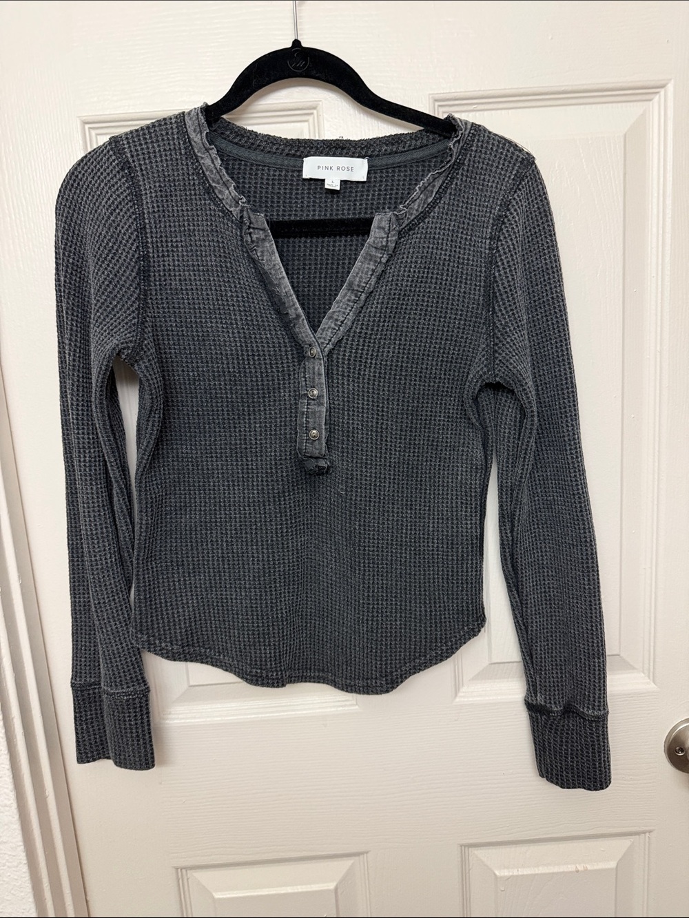 Pink Rose Women's Charcoal Waffle Knit Henley Long Sleeve Top